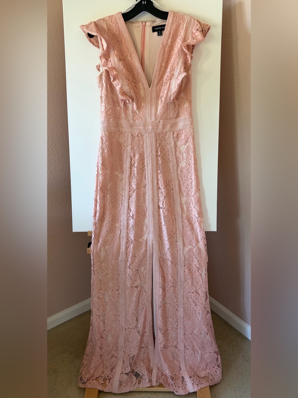 Tadashi Shoji Lexi Corded Lace V-Neck Maxi Gown Petal Bloom Pink Slit Size 6
